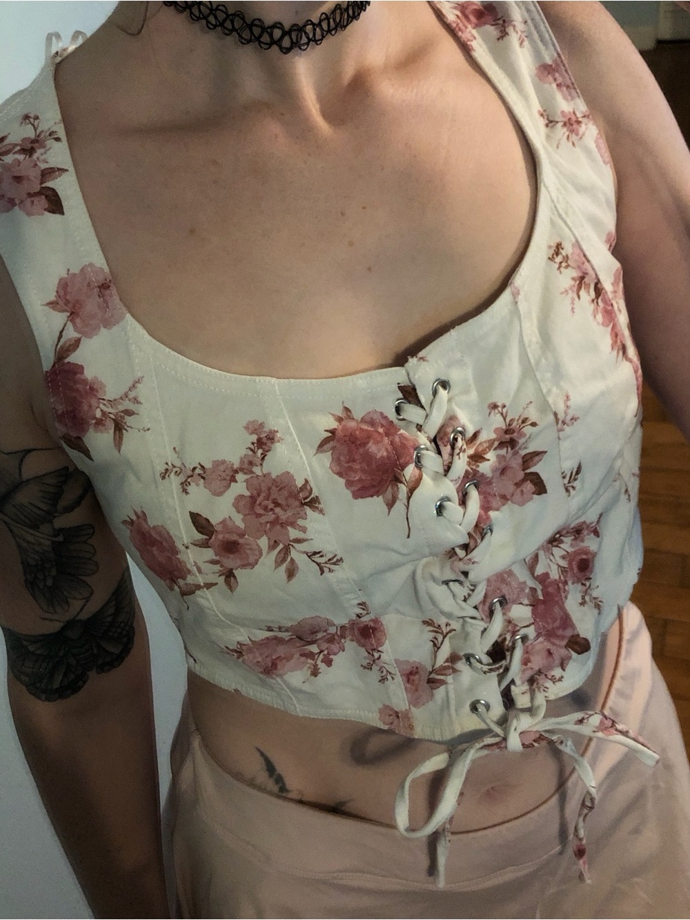 Floral Lace-Up White Crop Top with Pink Rose Print